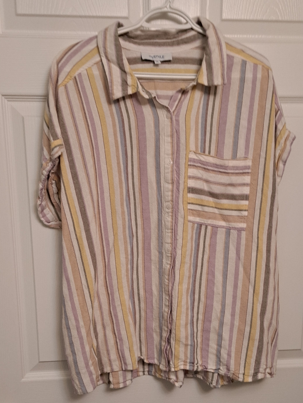 Lightweight Ladies Linen Pastel Stripe Button-Up Short Sleeve Shirt Size 1X